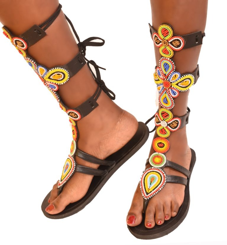 Knee Beaded Leather Sandals
