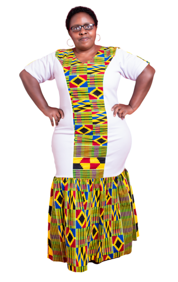 White dress with Kente Print Peplum Dress