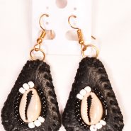 Black Leather Earrings with Cowrie shells and Beads