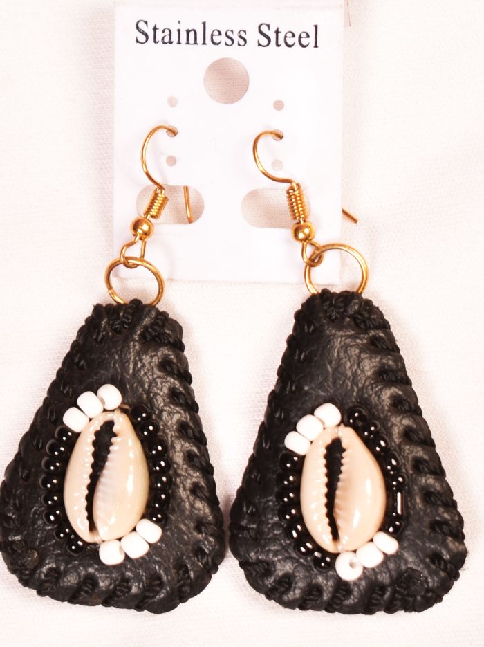 Black Leather Earrings with Cowrie shells and Beads Black Leather Earrings with Cowrie shells and Beads
