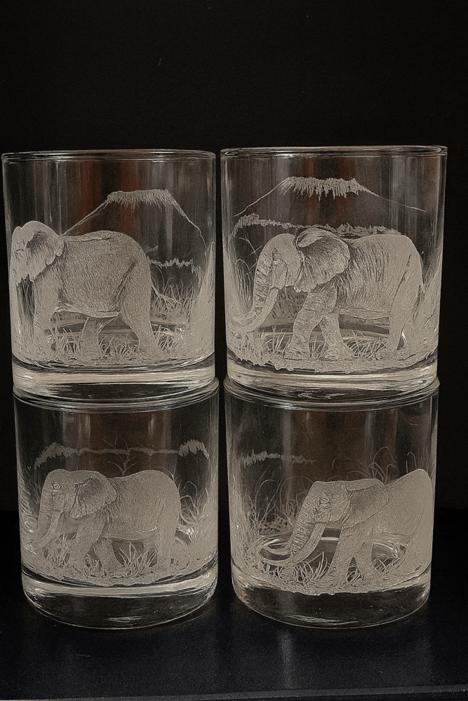 Hand-Engraved Kilimanjaro Elephant Whiskey Glasses Hand-Engraved Kilimanjaro Elephant Whiskey Glasses