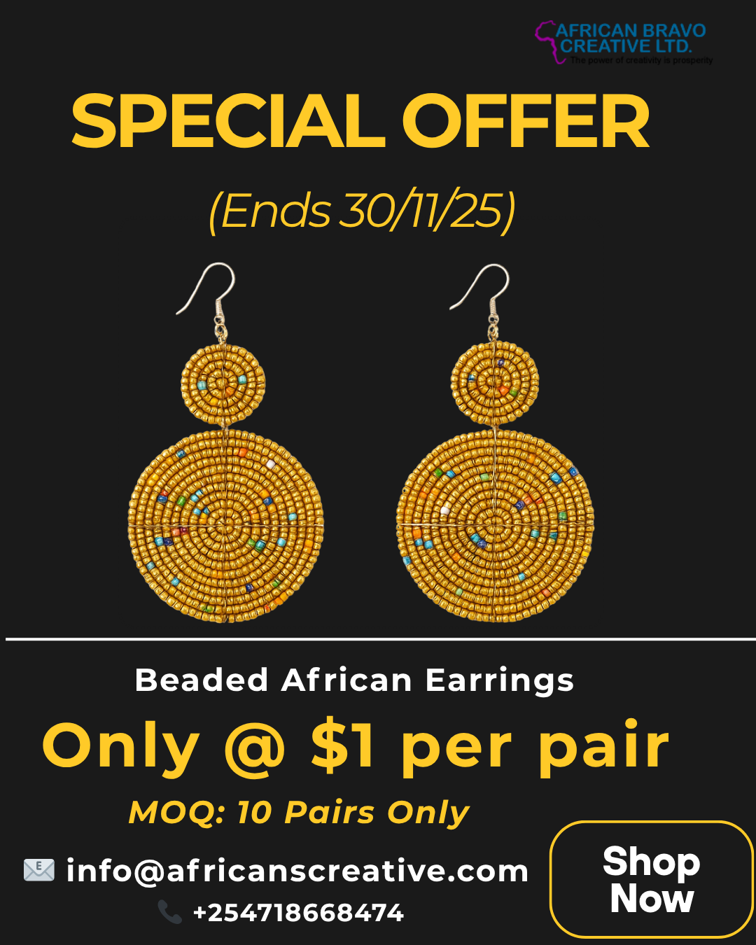 Nov-25-offer Limited-Time Wholesale Offer: Authentic Beaded African Earrings at Only $1 Per Pair (Ends 30th November)