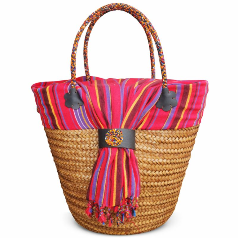 African Beaded Straw Tote Bag with Kikoy Accent – Wholesale-10