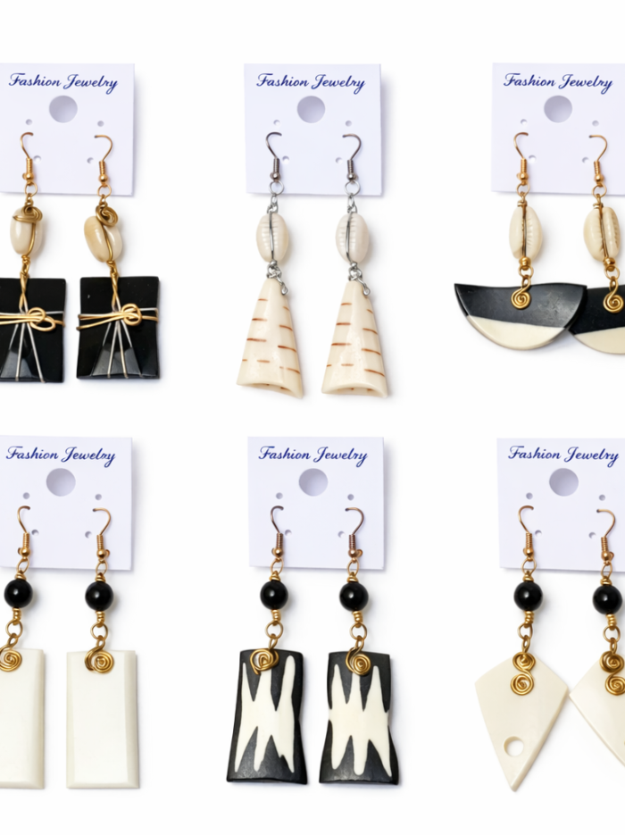 Handcrafted African Bone & Shell Statement Earrings