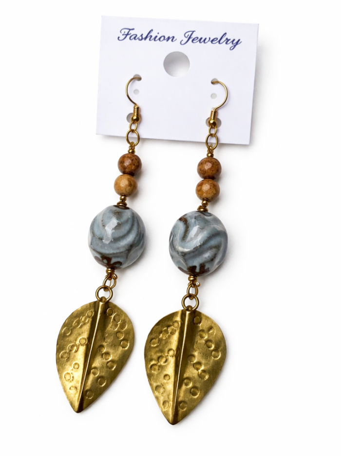 Handcrafted African Brass Leaf & Ceramic Drop Earrings Handcrafted African Brass Leaf & Ceramic Drop Earrings