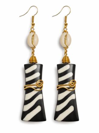 Handcrafted Cowrie Shell & Zebra Bone Drop Earrings