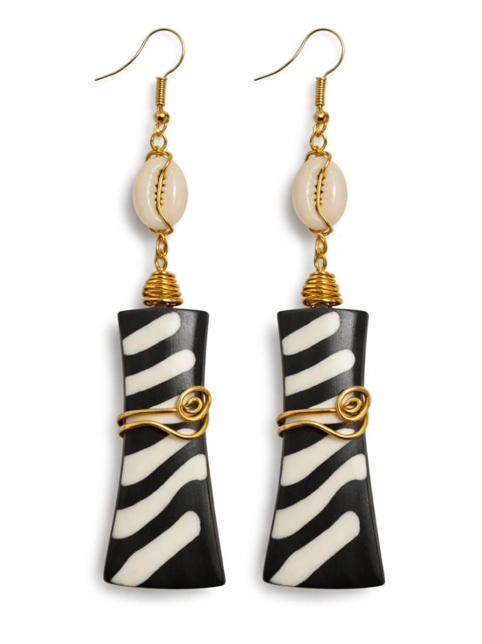 Handcrafted Cowrie Shell & Zebra Bone Drop Earrings