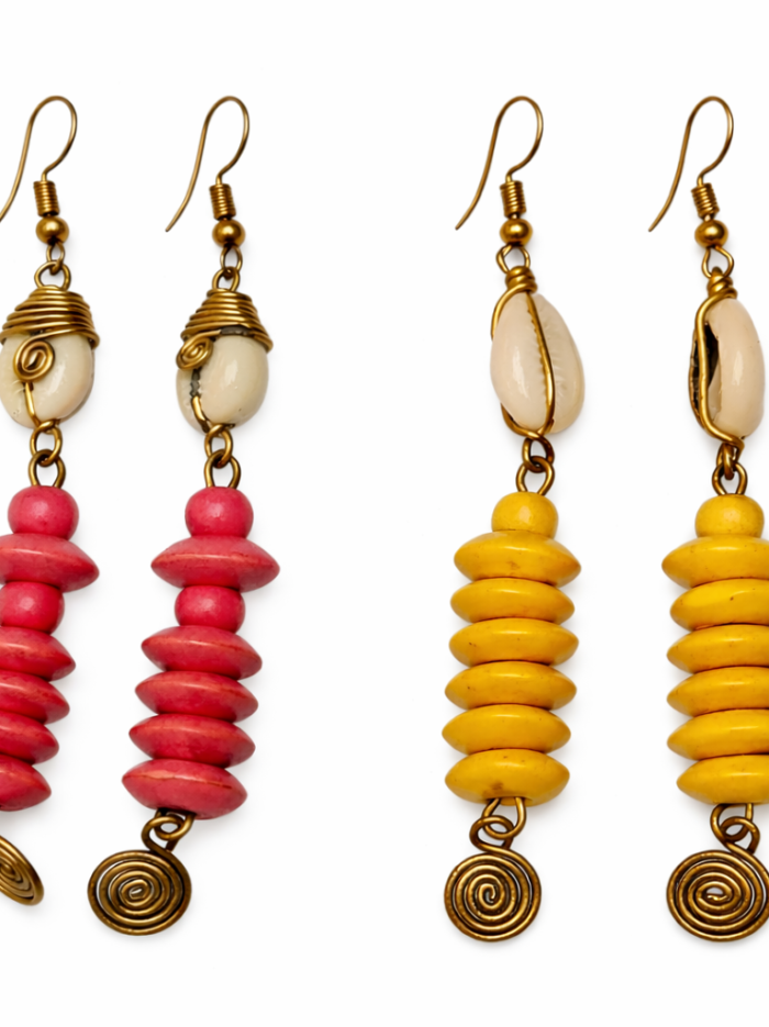 Wholesale African Cowrie Shell & Wooden Beaded Drop Earrings