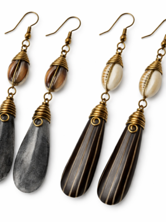 Wholesale African Horn & Cowrie Shell Teardrop Earrings