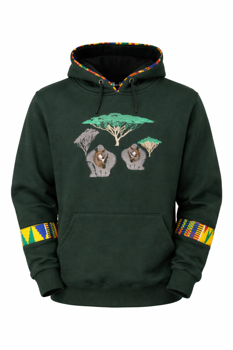 Wholesale African Safari Embroidered Hoodie with Kente Trim – MOQ 10pcs