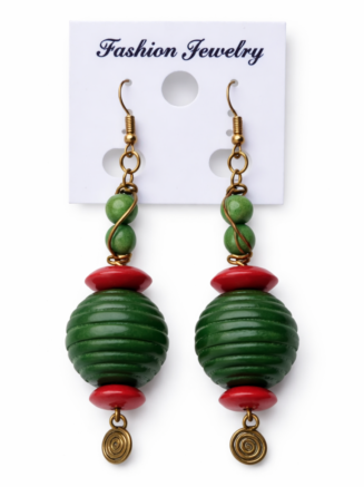 Wholesale Afrocentric Green Ribbed Wooden Bead Drop Earrings