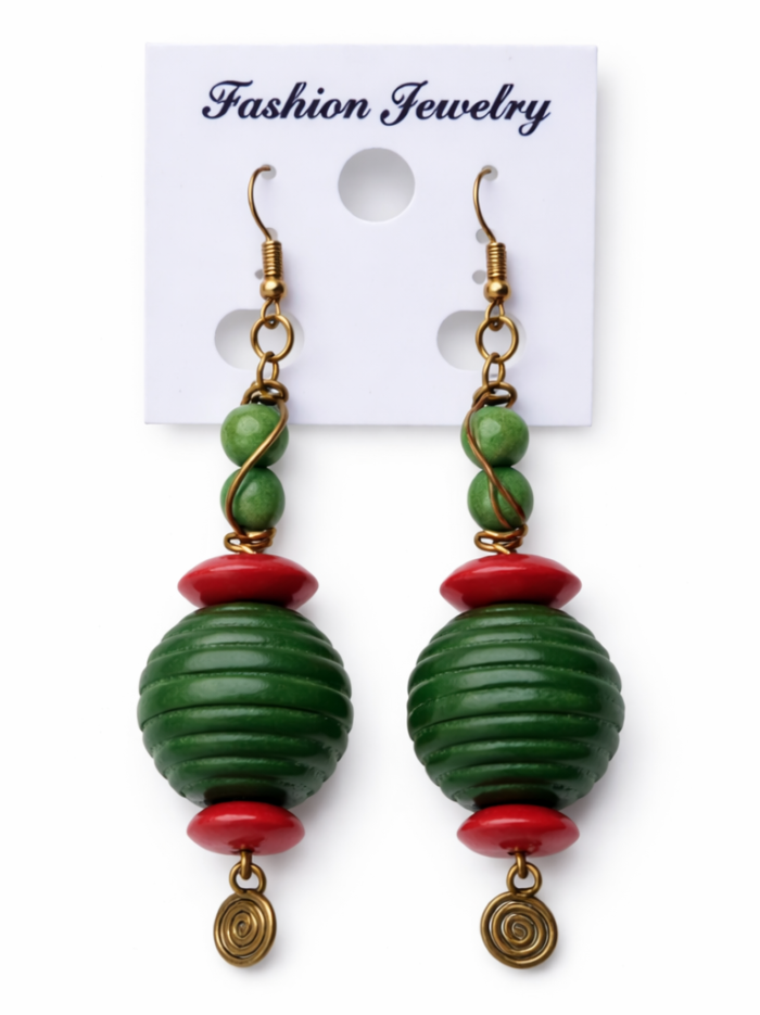 Wholesale Afrocentric Green Ribbed Wooden Bead Drop Earrings