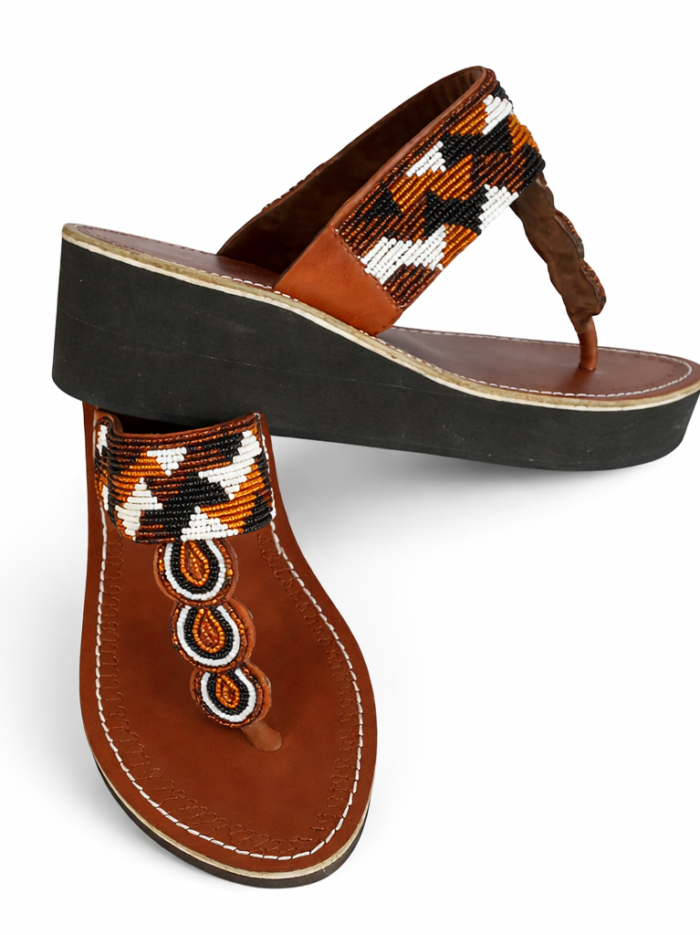 Wholesale Brown Leather Maasai Beaded Wedge Sandals
