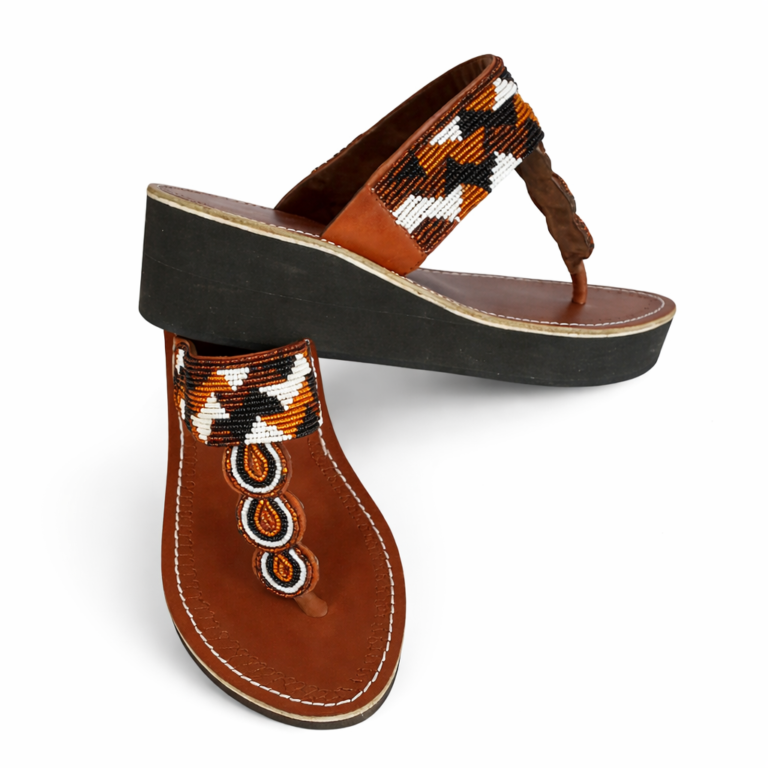 Wholesale Brown Leather Maasai Beaded Wedge Sandals – MOQ 10pairs