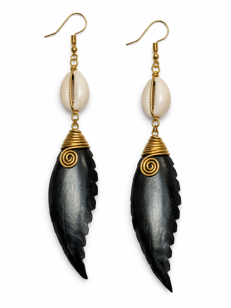 Wholesale Cowrie Shell & Carved Horn Leaf Drop Earrings