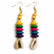 Wholesale Multicolor Wooden Bead & Cowrie Shell Drop Earrings