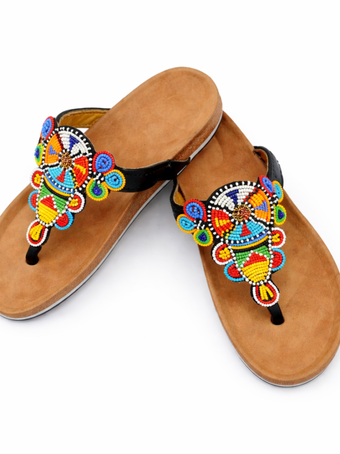 Wholesale Royal Bloom Maasai Beaded Leather Sandals Wholesale Multicolor Maasai Beaded Leather Slide Sandals