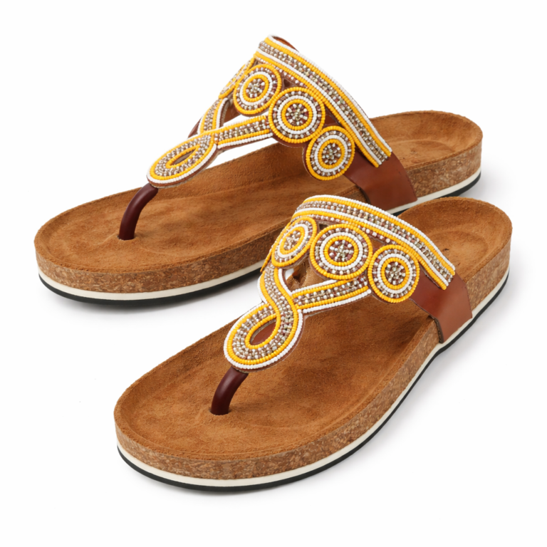 Wholesale Yellow & White Maasai Beaded Cork Sandals – MOQ 10pairs
