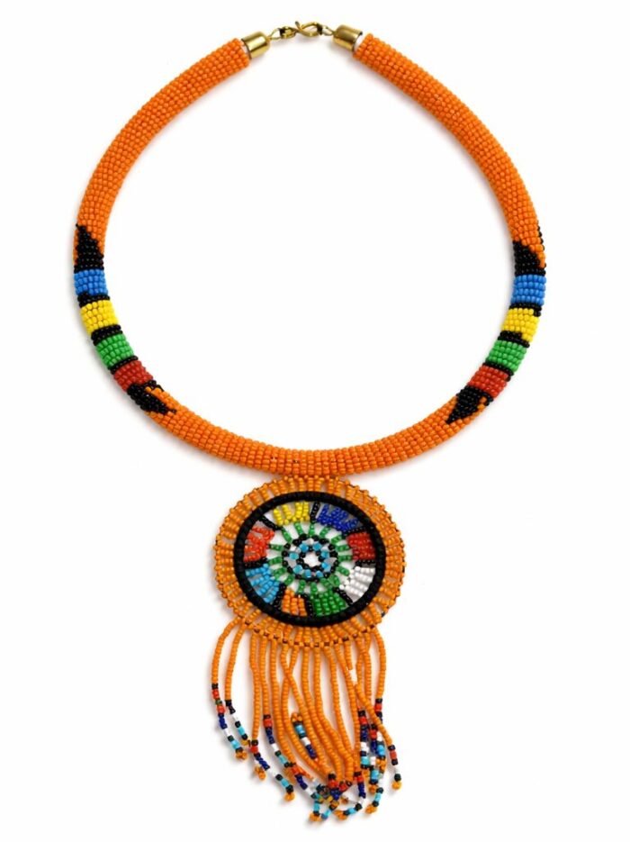 Authentic Handmade Maasai Orange Beaded Tassel Necklace