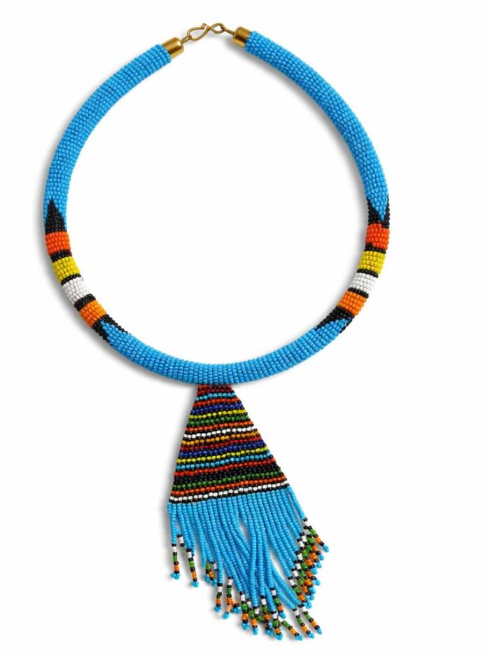 Handcrafted Maasai Blue Beaded Tassel Necklace