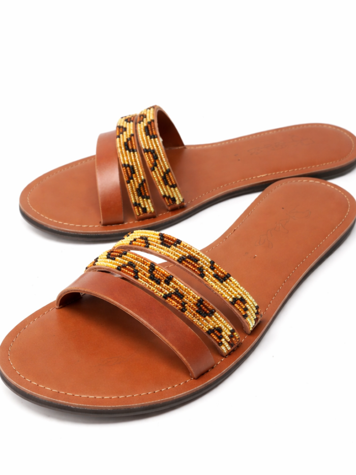 Handmade African Beaded Leather Slide Sandals