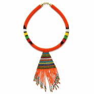 Handmade Maasai Orange Beaded Tassel Necklace