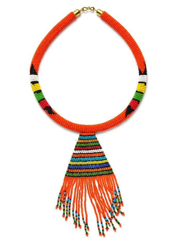 Handmade Maasai Orange Beaded Tassel Necklace