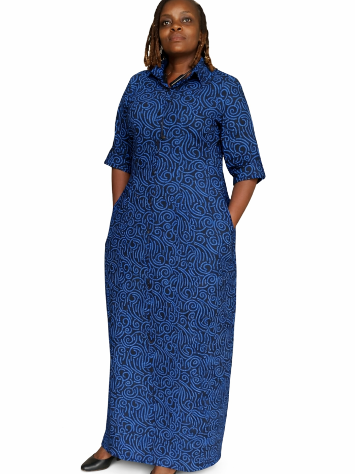 Royal Blue Swirl Maxi Shirt Dress