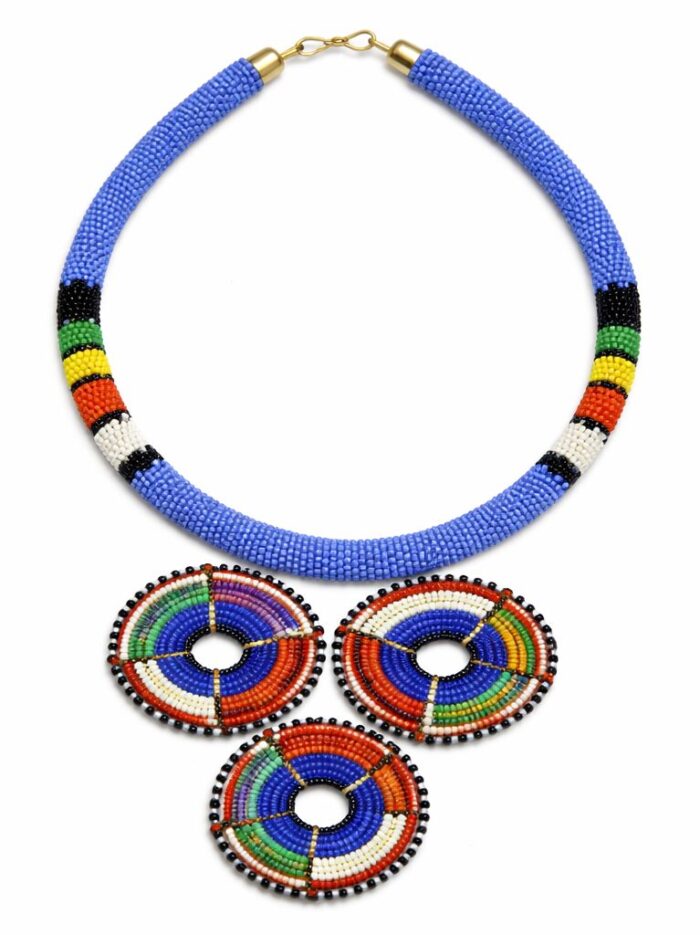 Sky Blue Maasai Triple Pendant Beaded Necklace
