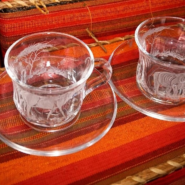Big Five Engraved Glass Tea Cup & Saucer Set