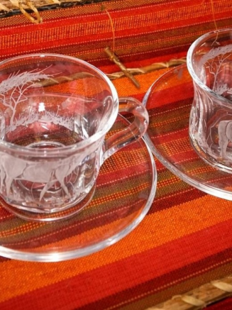 Big Five Engraved Glass Tea Cup & Saucer Set