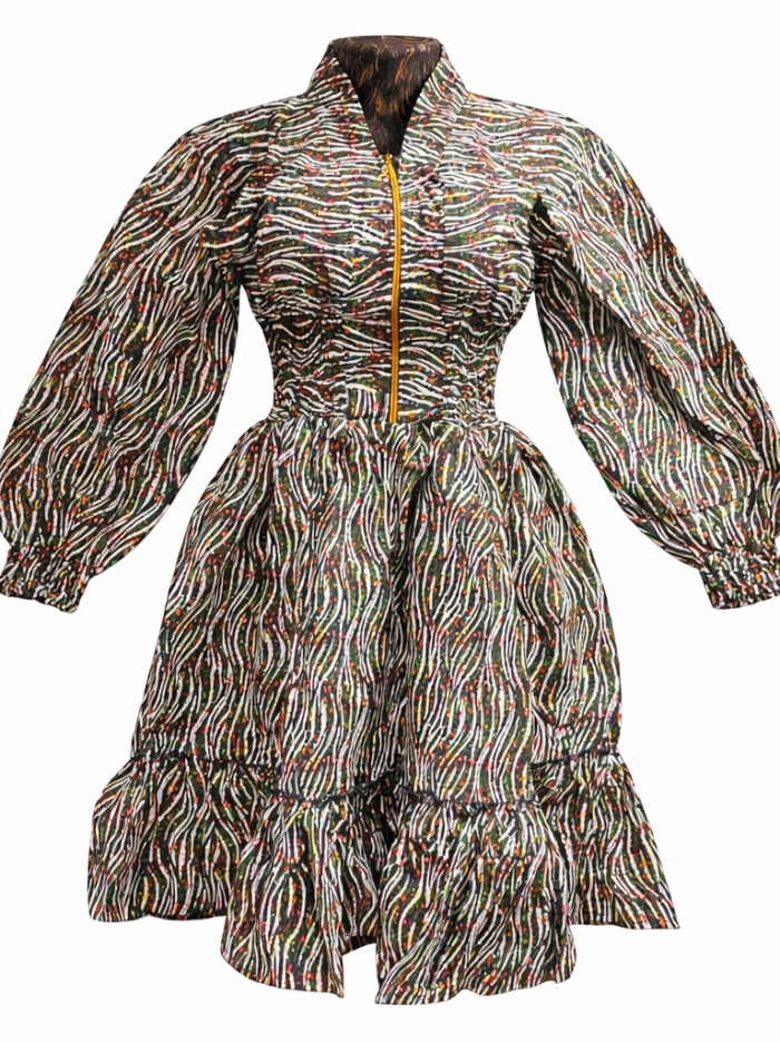 Wholesale Grey Matrix African Print Zip Midi Dress