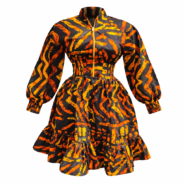 Wholesale Mustard Matrix African Print Zip Midi Dress (2)