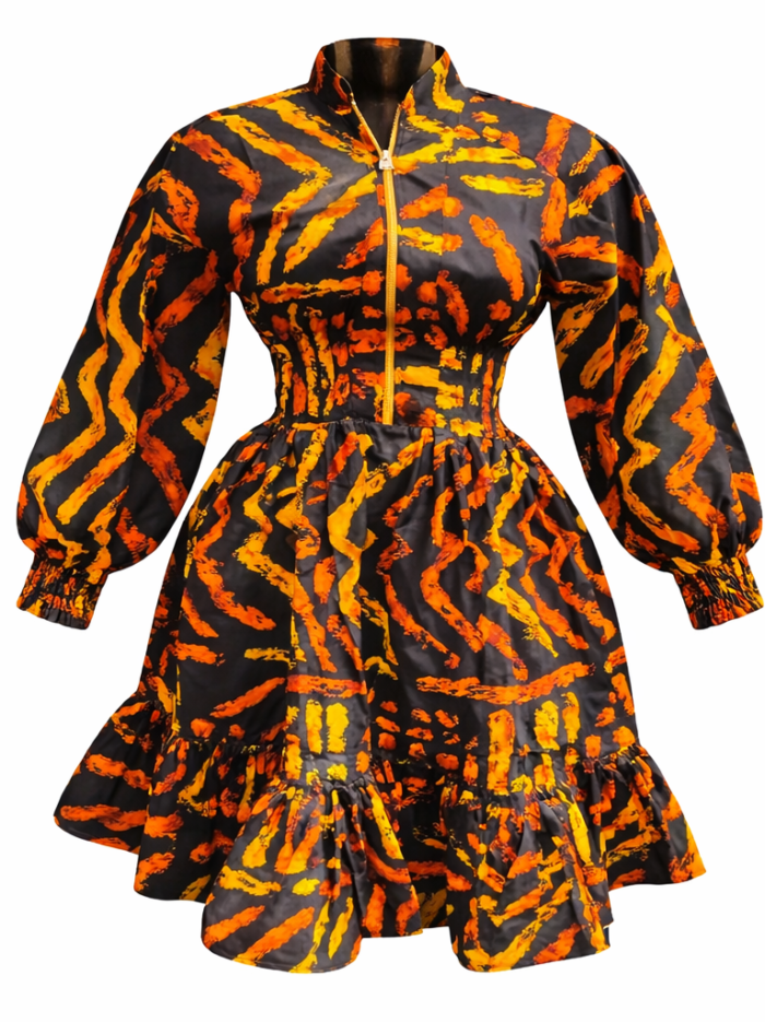Wholesale Mustard Matrix African Print Zip Midi Dress (2)