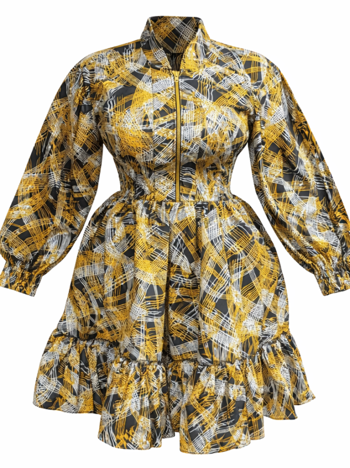 Wholesale Mustard Matrix African Print Zip Midi Dress (3)
