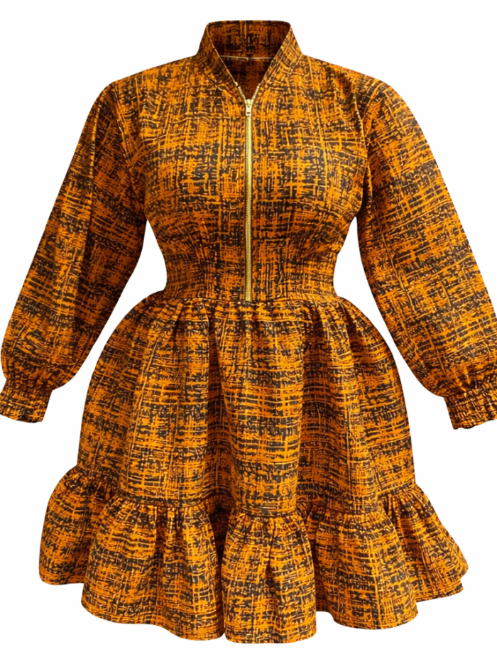 Wholesale Mustard Matrix African Print Zip Midi Dress